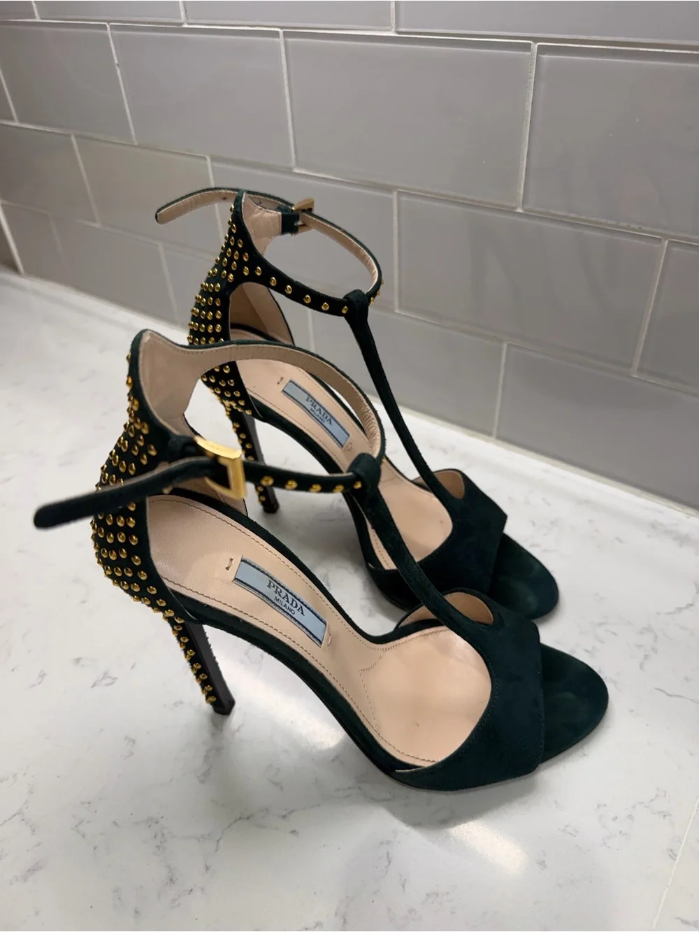 Prada Black Suede T-Strap Studded Ankle-Heel Sandals